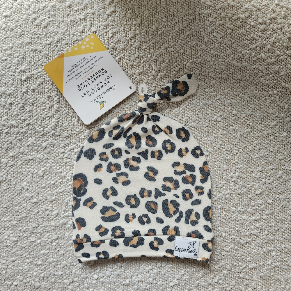 Copper Pearl Leopard Print NB Top Knot Baby Hat